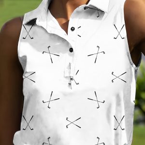 Women's Golf Print Sleeveless Button-Down Top, Casual Summer Shirt