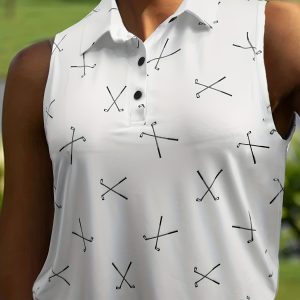 Women's Plus Size Sleeveless Golf Polo Shirt, Fashionable Collared Button-Up, Comfortable Versatile Printed Top
