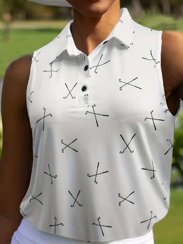 Women's Plus Size Sleeveless Golf Polo Shirt, Fashionable Collared Button-Up, Comfortable Versatile Printed Top