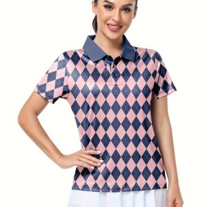 Women's Casual Argyle Pattern Golf Polo Shirt, Short Sleeve, Sports Collared Top, Athletic Leisurewear