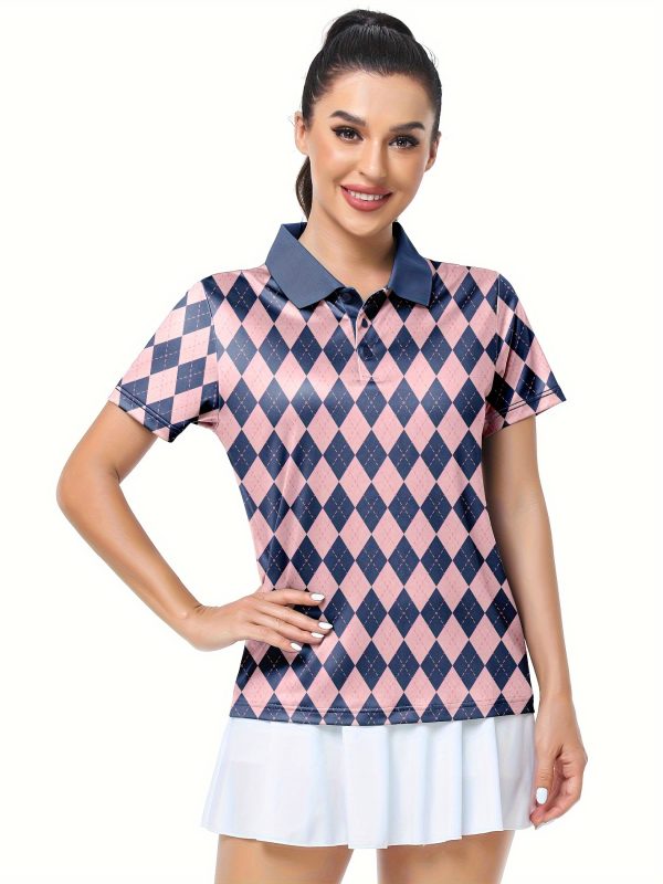 Women's Casual Argyle Pattern Golf Polo Shirt, Short Sleeve, Sports Collared Top, Athletic Leisurewear
